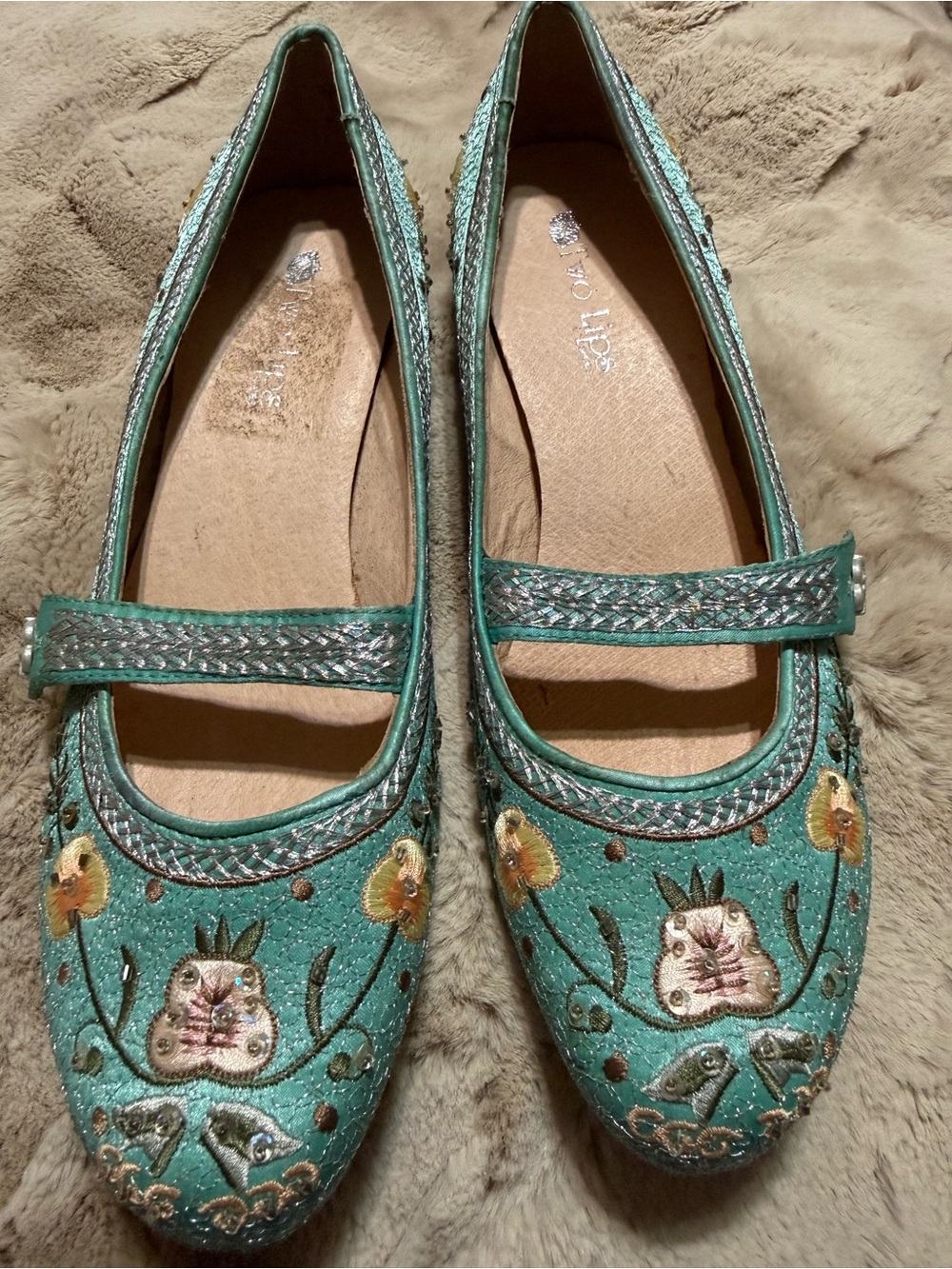 Two Lips Teal Embroidered Mary Jane Flats